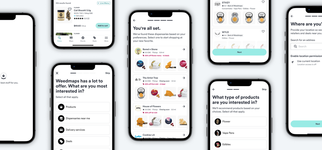 Five Weedmaps onboarding screens in sequence: interest selection, dispensary-type preference, a curated list of recommended dispensaries, a brand carousel, and location permission.